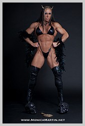 female bodybuilder monica martin ifbb pro in sexy devil outfit latex bikini with thigh high boots - gallery update